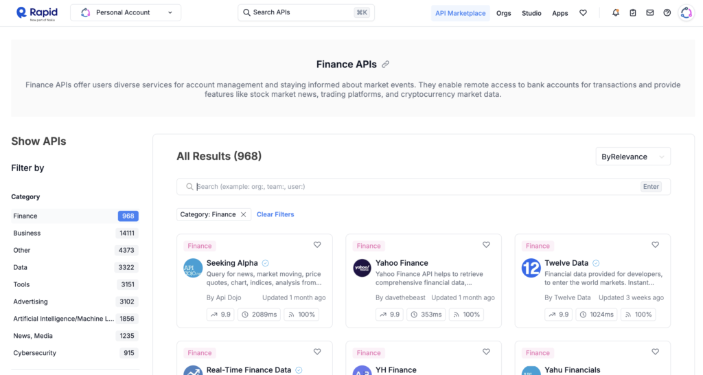 RapidAPI Finance Category - listing 1000 finance APIs