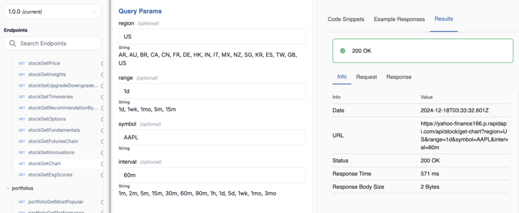 Yahoo finance API parameters and URL